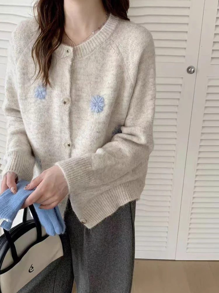 Mantel Wanita Kardigan Sweater Mantel Jaket Leher Bulat Lengan Panjang Jumper Y2k Streetwear Rajutan Elegan Jahitan Terbuka Musim Gugur Musim Dingin