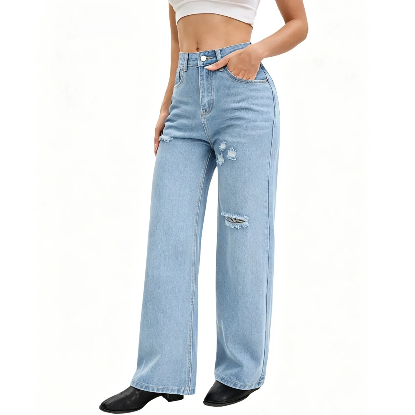Women's Clothing Jeans Clear And Loose Ripped European And American High-waisted Jeans Women's Loose Straight JEAN Commute Casua
