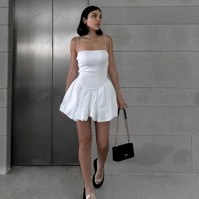 

Women Vintage Solid Sling Mini Dress Female Summer Slash Neck Sleeveless Fashion Casual Puffy Short Robe Dress