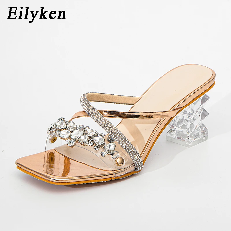 Eilyken 2025 Clear Transparent Heels Slippers Women Fashion Mules Slides Sandals Summer Square Toe Crystal Chain Shoes