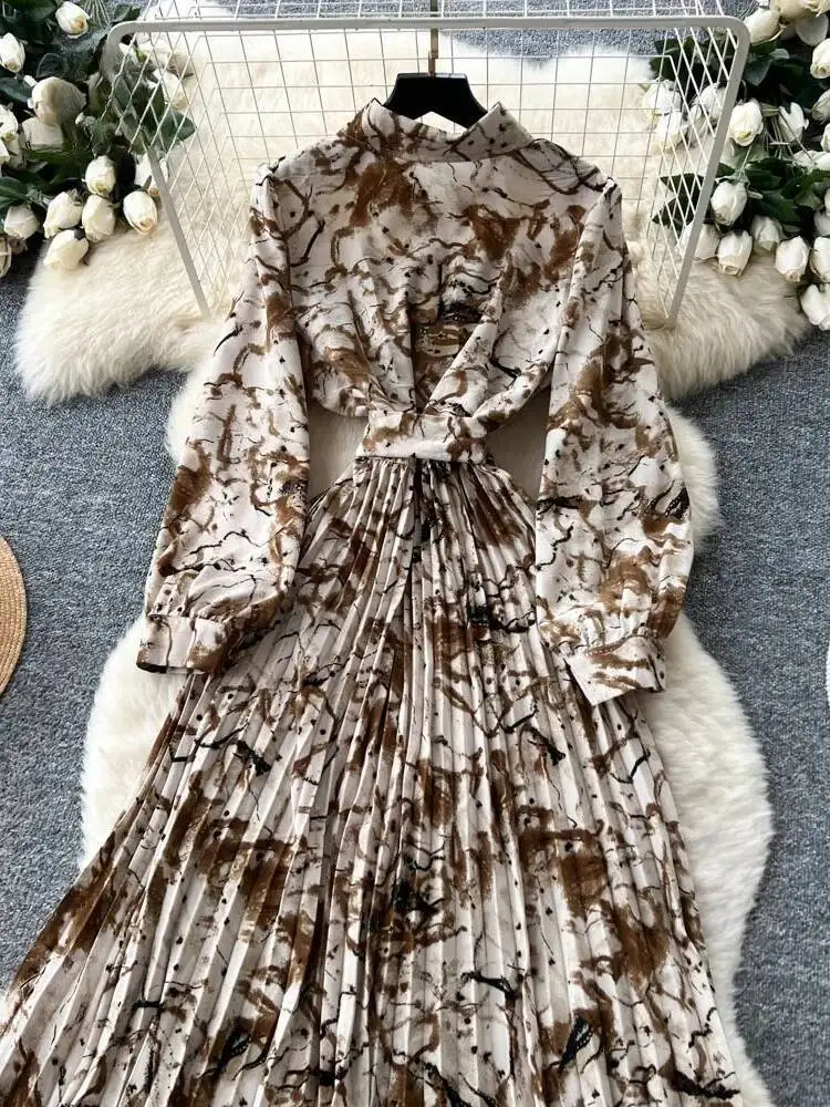 Women French Vintage Floral Dress Spring Autumn Strap Long Sleeved Shirt Dresses Ladies Elegant Lapel Mid Length Dress Vestidos