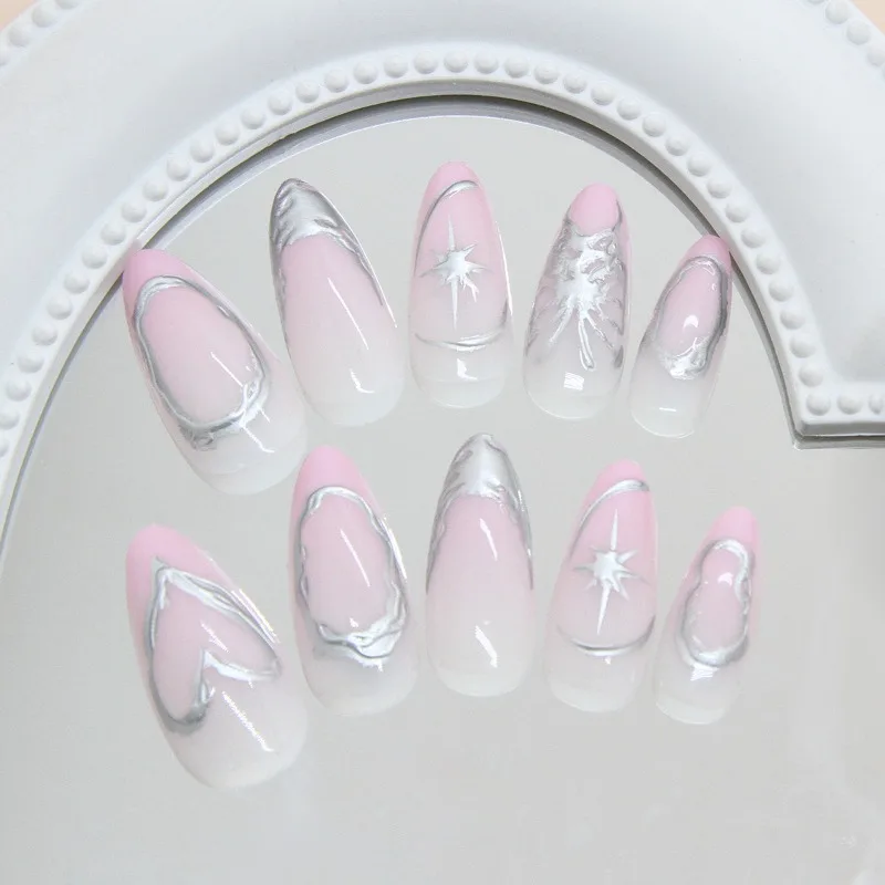 24pcs Holiday Press on Nails Set with Sticky Tabs 3D Silver Decorations False Nails Nail Tips Prosthetic Nail Set Paste Nails