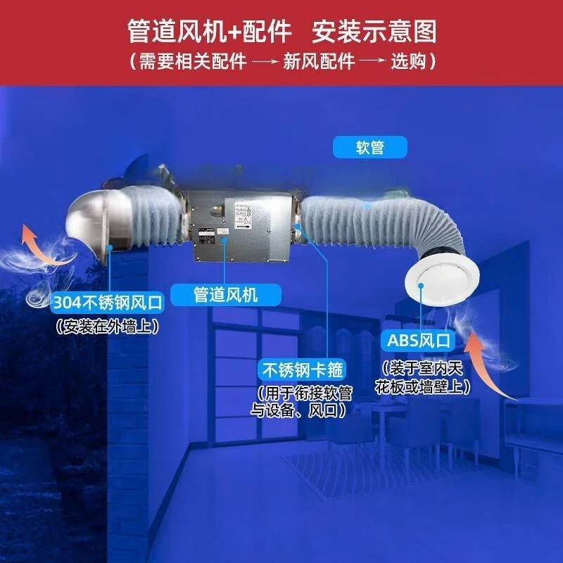 Ventilador de duto oculto ventilador de ventilação de banheiro de 6 polegadas e 8 polegadas forte e baixo ruído