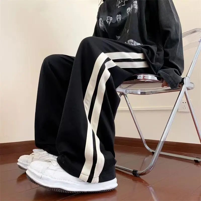 Trend Versatile Straight Sports Pants Men Patchwork Side Stripe Elastic Waist Drawstring Pocket Casual Student Wide Leg Trousers
