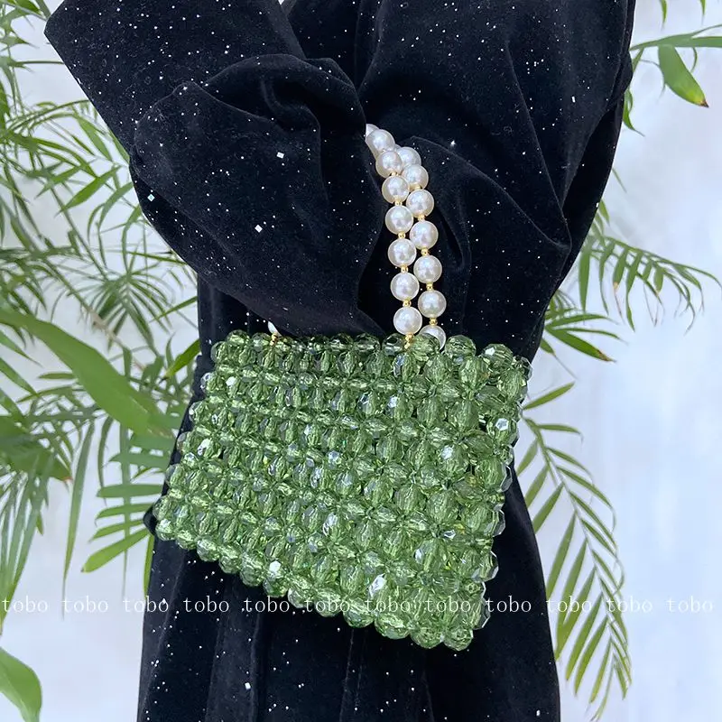 Borsa a mano verde con perline Borsa a spalla con catena di perle Borsa a tracolla casual di lusso fatta a mano con manico superiore Borse con perle