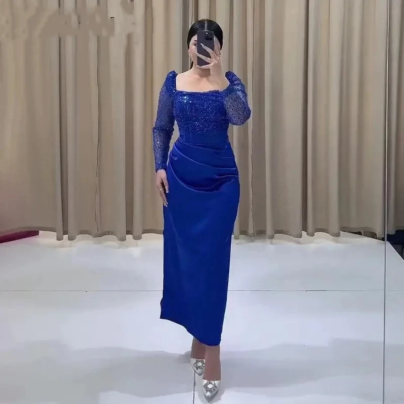 

Romantic Royal Blue Evening dresses Square Collar Sequin Beaded Long Sleeves Mermaid Satin Modest Prom Party Gown Robe De Soirée