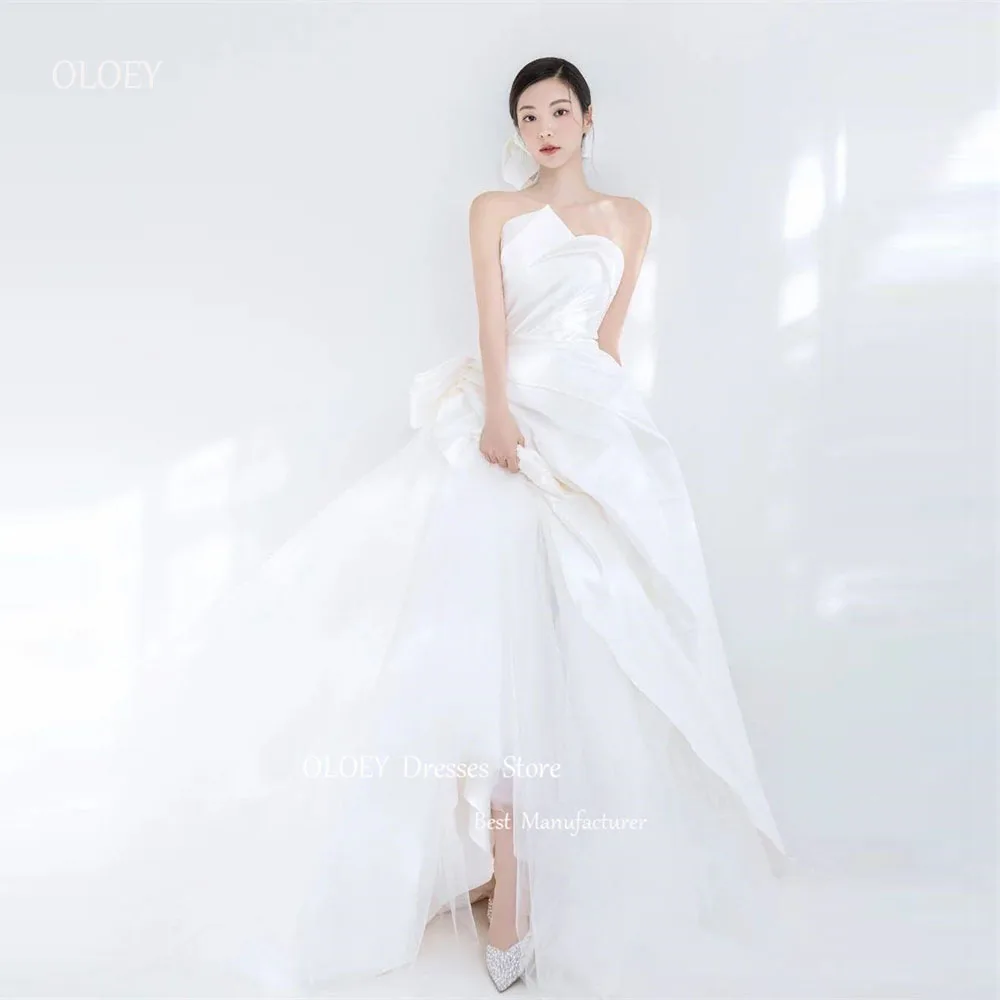 OLOEY ออกแบบใหม่ Strapless Pleats ชุดแต่งงานสายเกาหลีถ่ายภาพ Strapless Tulle ชุดเจ้าสาวรัดตัวกลับ 2025