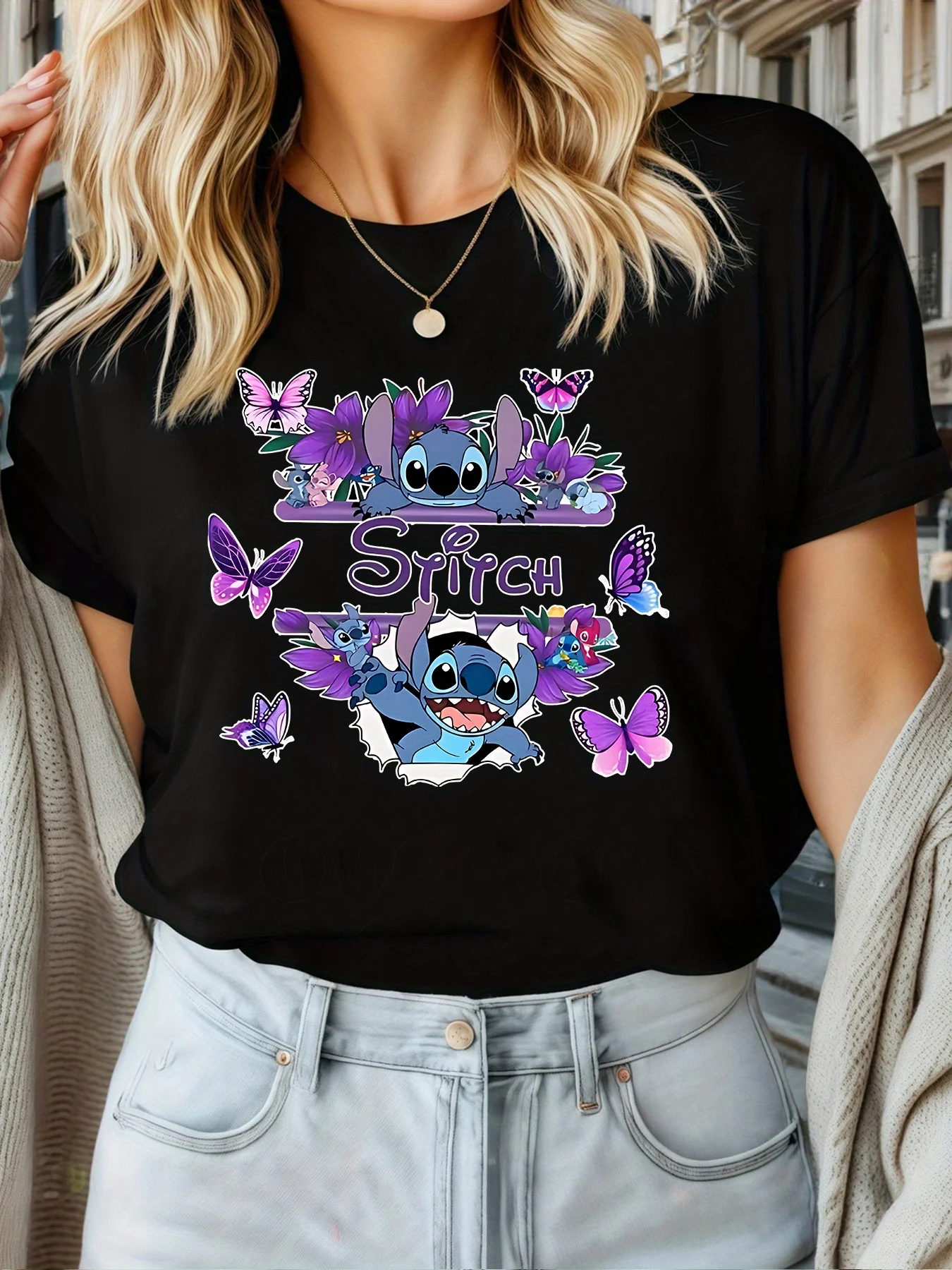 

Женская футболка с графическим принтом Stitch, хлопковые футболки с короткими рукавами, топы с героями мультфильмов Disney Stitch Y2k, женская футболка, брендовая летняя одежда