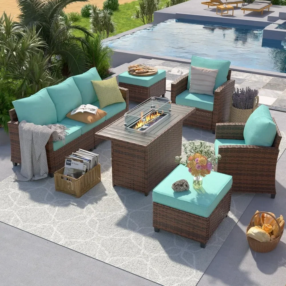 

Patio Furniture Set with 44" Fire Pit Table, 6 Pieces Outdoor Sectional Conversation Sets, All-Weather Wicker Rattan Sofa