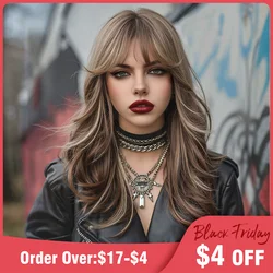 20in Curly Brown Highlight Blonde Wig With Bangs Synthetic Long Wavy Brown Hair Wig for Women Daily Cosplay Christmas Party Wig