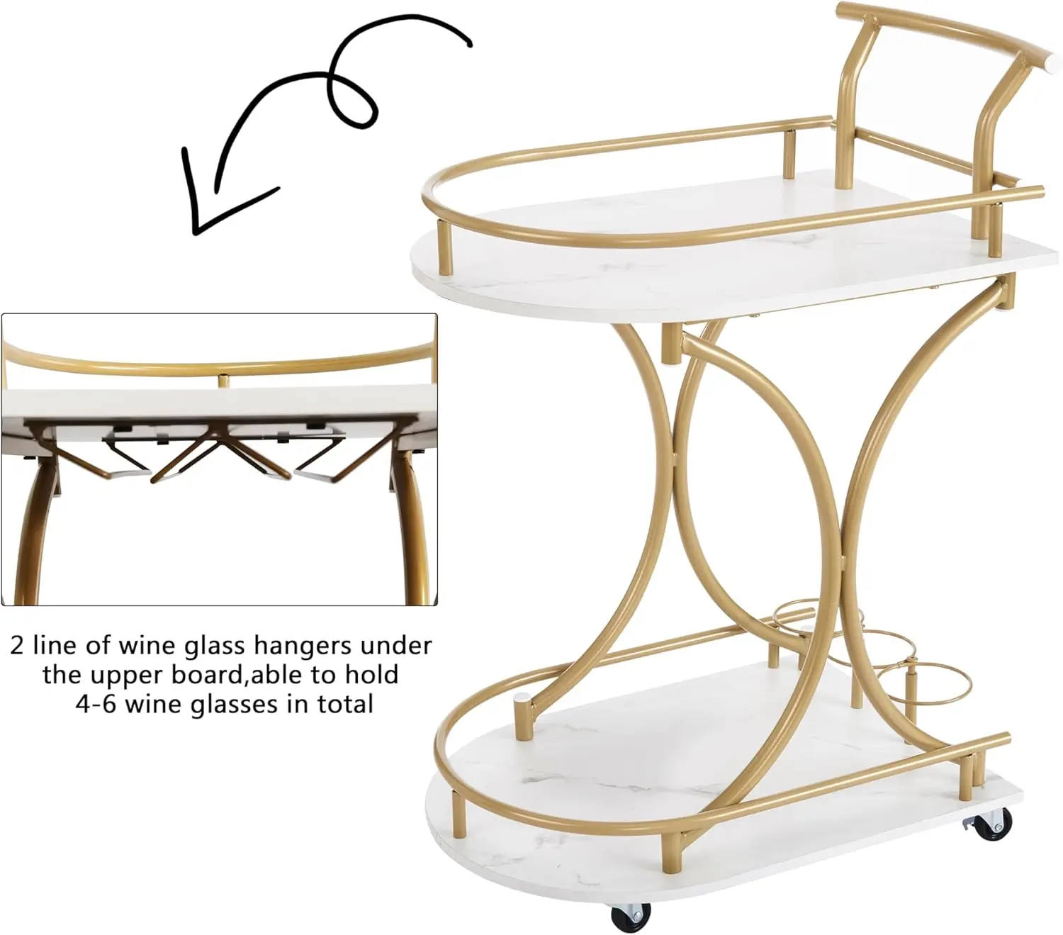 ミキバマ-家庭用ワインラック付きのモダンなバーカート、リビングルーム用のポータブルミニバーテーブル、ゴールデンメタル、小さな木製のサービング