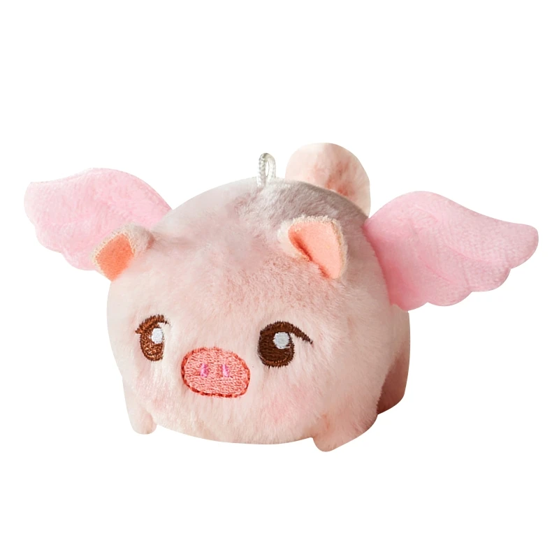 Tail Wagging Flying Pig Plush Keychain Backpack Hanging Ornament Stuffed Animal Key Ring Novelty Purse Car Key Pendant