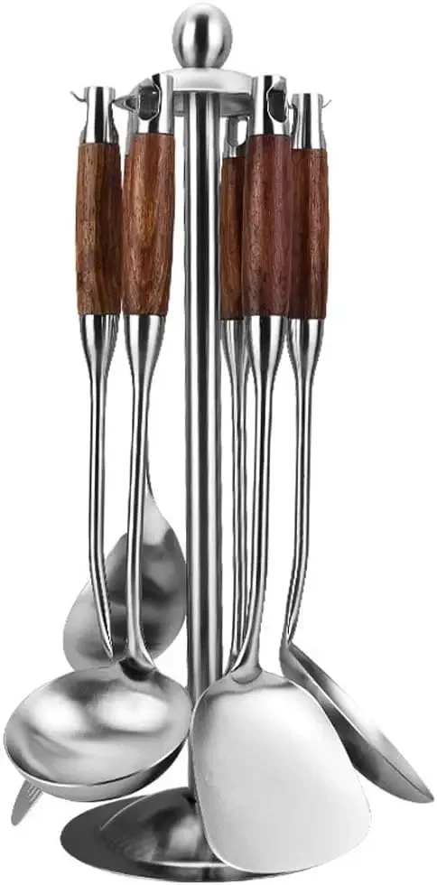 7-pcs Kitchen Utensils Set with Holder - Stainless Steel Cooking Utensils Set with Wooden Handle - Kitchen Gadgets & Kitchen Too