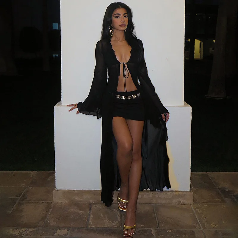 여성 블랙 쉬어 메쉬 비치 드레스 여성 섹시한 레이스 업 카디건 맥시 드레스 긴 소매 우아한 휴일 파티 드레스 여름