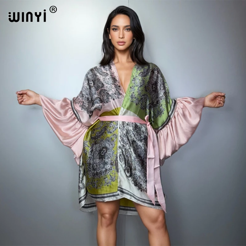 

WINYI 2026 Кимоно с поясом, вечернее платье, пляжная накидка, свободный кардиган с пышными рукавами в африканском стиле, бохо-кафтан для отпуска