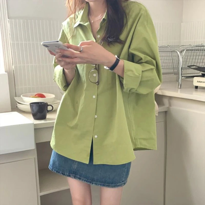 Autumn Woman Clothes Green Long Sleeve Shirt Niche Loose Top Outerwear Coat Basic Buttons Leisure Korean Fashion Bright Classy