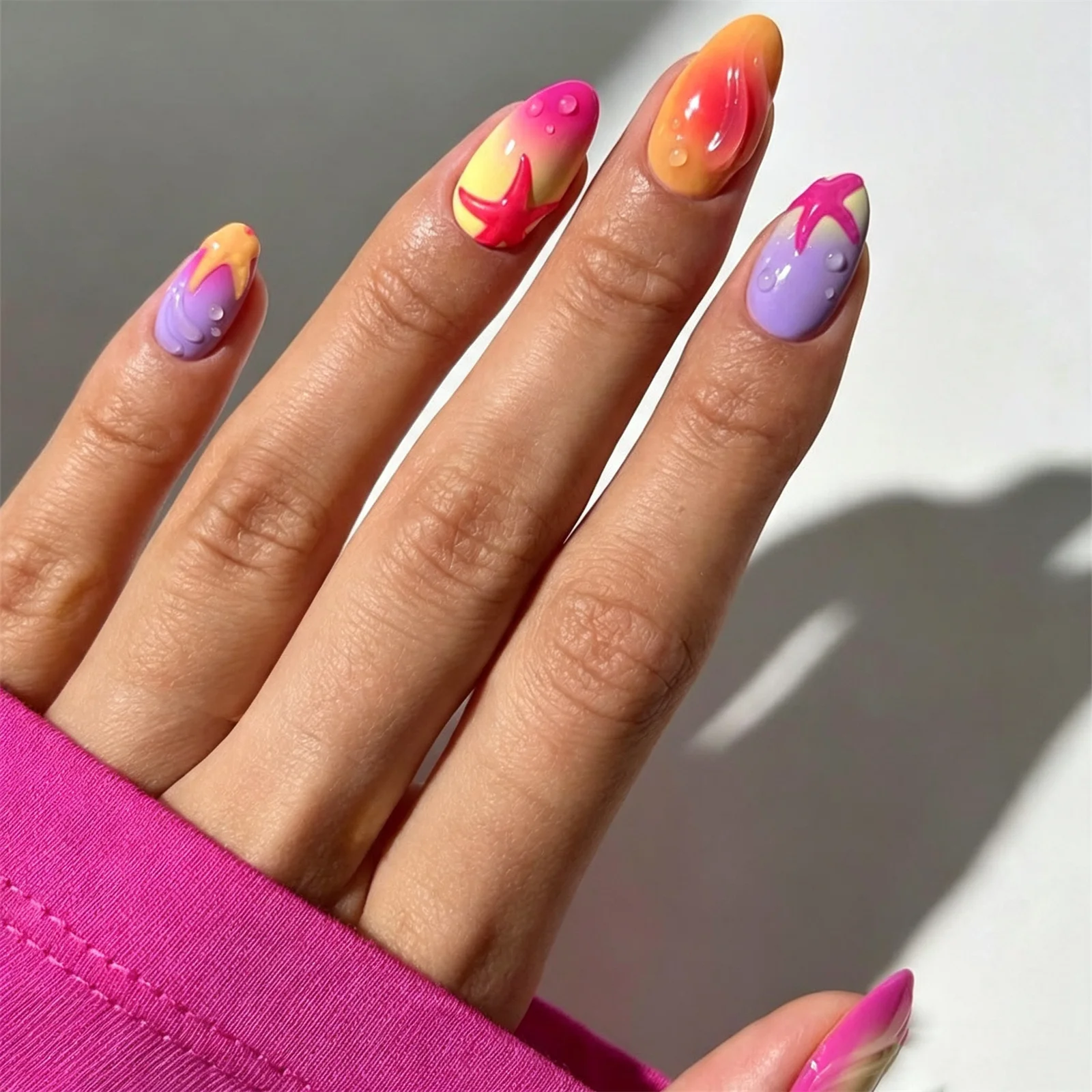 30 Piece Resin Press On Nails with 3D Starfish-Design Sunset Ombre Jelly Glue Application for Women Daily Party Wedding