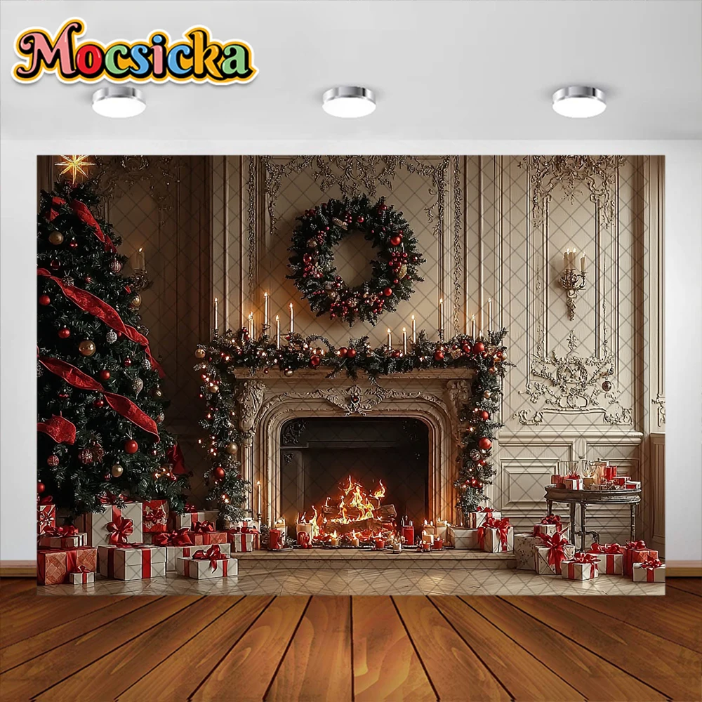 خلفية تصوير لغرفة الكريسماس ، مدفأة شجرة الكريسماس ، زخرفة إكليل الزهور ، خلفيات صور بورتريه ، مستلزمات الاستوديو ، الكبار والأطفال