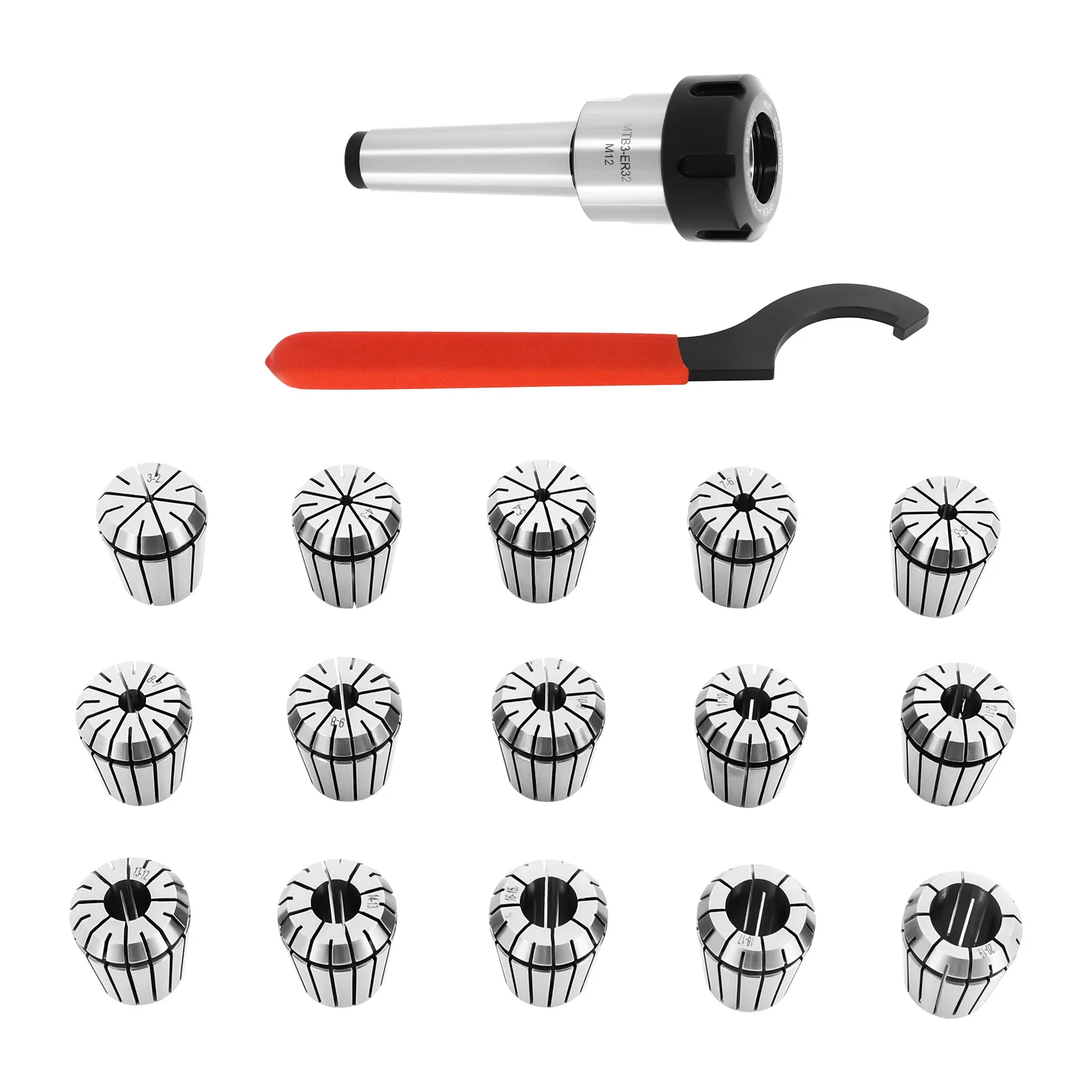 Metal Spring Steel Collet Chuck Kit, 1-20mm Wide Clamping Range MT3 ER32 Holder, Self-Release Anti-Loose Machining Accessories for Lathe Drilling Tapping