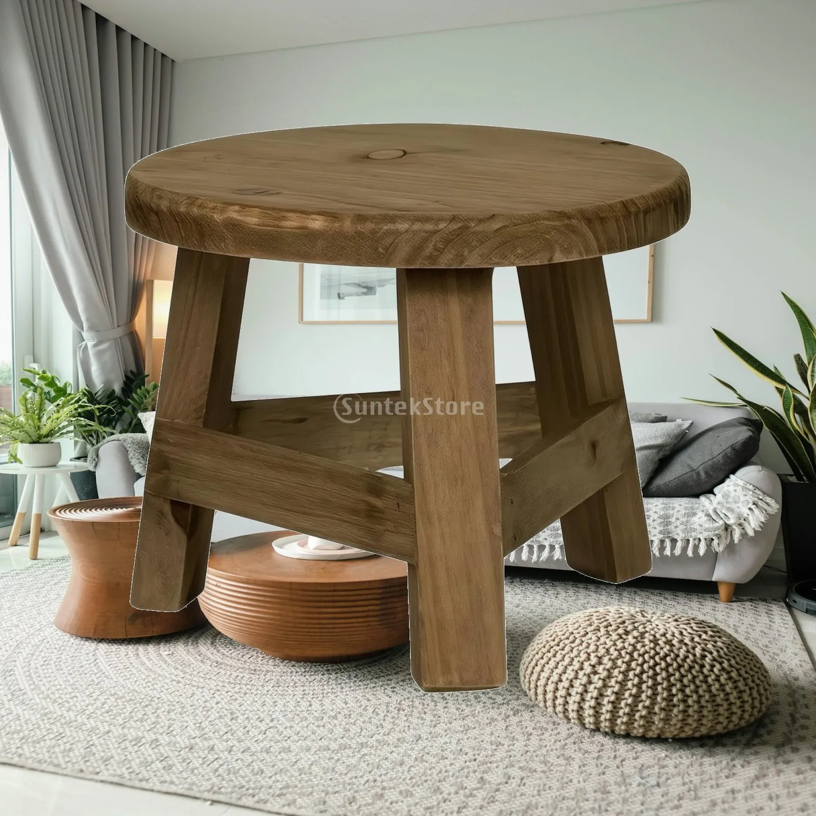 Single Tier Wooden Plant Stand with Aged Brown Grain for Potted Flowers and Quick Extra Seating