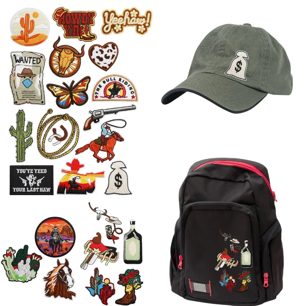 

Bounty Hunter Embroidery Patch Western Cowboy Head Galloping Horse Regions Stickers Appliques iron on patches for clothes Scp