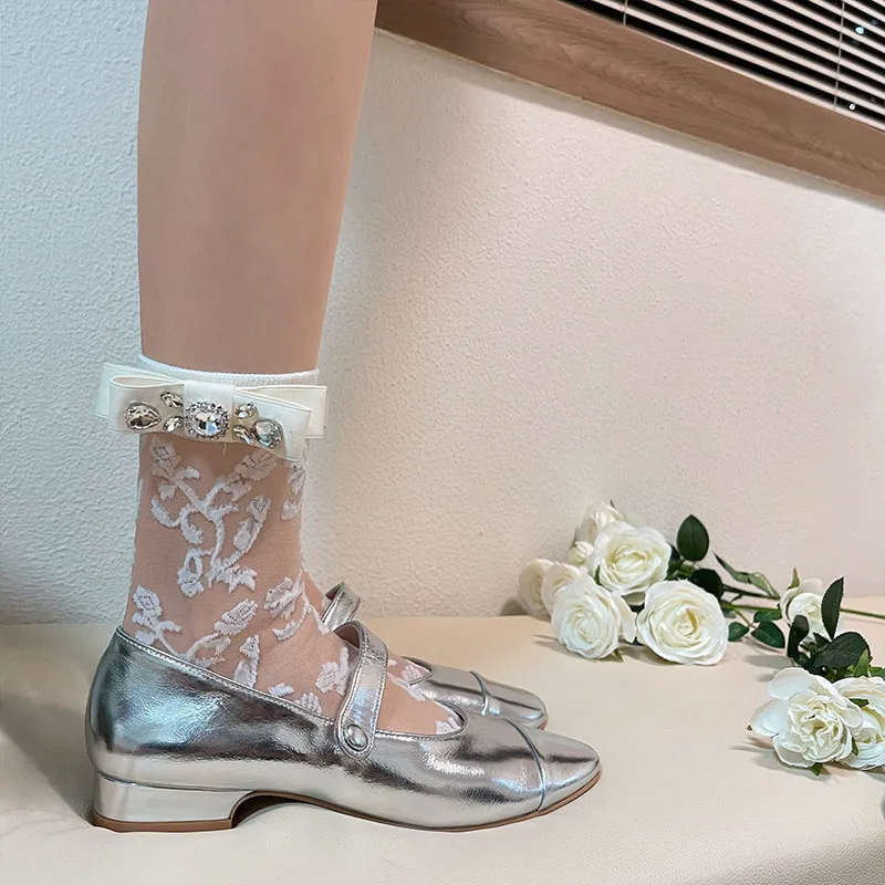 Millennium Y2K Full Diamond Rose Crystal Thin Style Socks Japanese Girls Glass Silk Transparent Summer Pile Socks