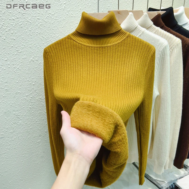 

Корейский стиль, зимний теплый флисовый свитер с воротником для женщин, эластичный вязаный пуловер с длинными рукавами, топ для женщин