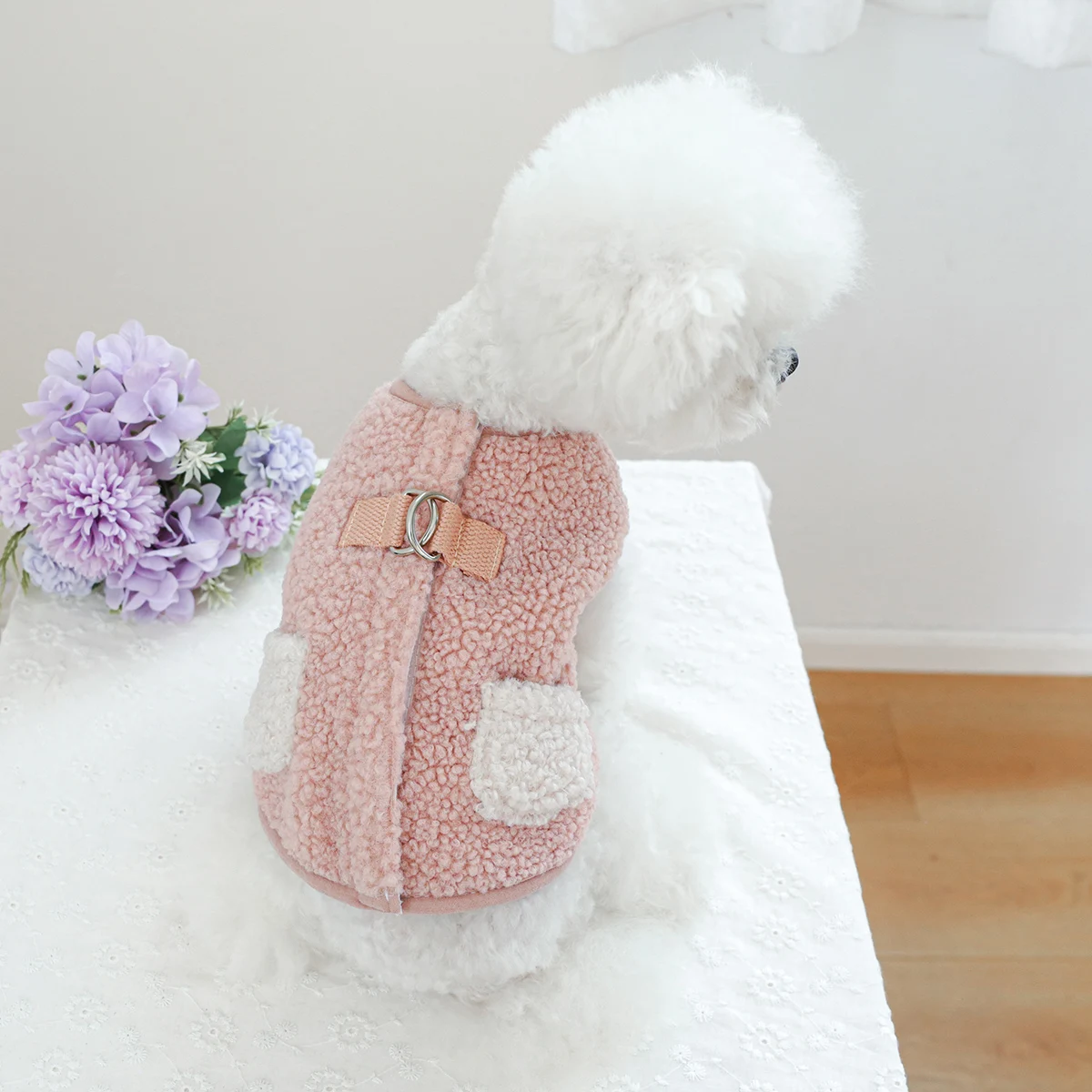 1PC Pet Clothing Autumn/Winter Plush Thick Pocket Chest Back Vest Pink Coat Suitable for Small and Medium Dogs