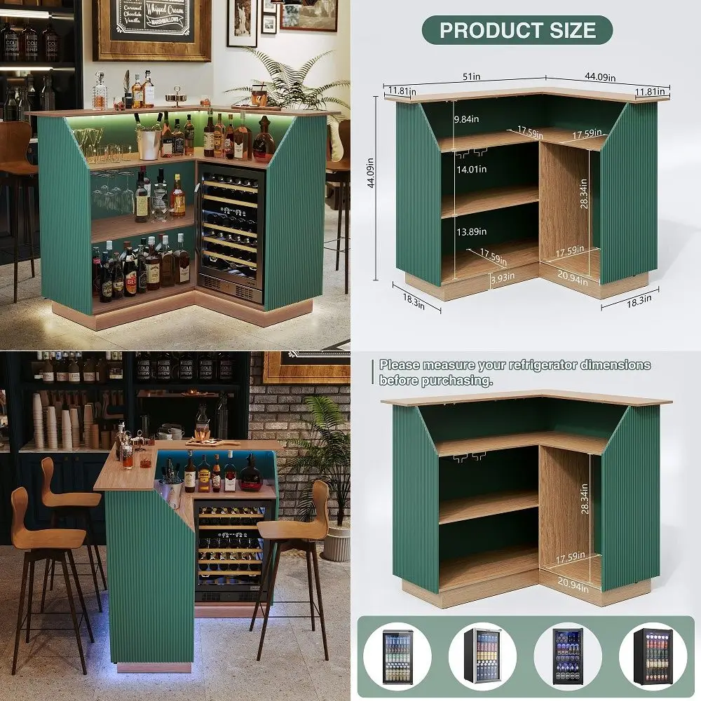 

L Shaped Home Bar Cabinet with Fridge Space, Oversized Modern Basement Coffee Bar Table with LED Strip, Fluted 4Tier Corner Win