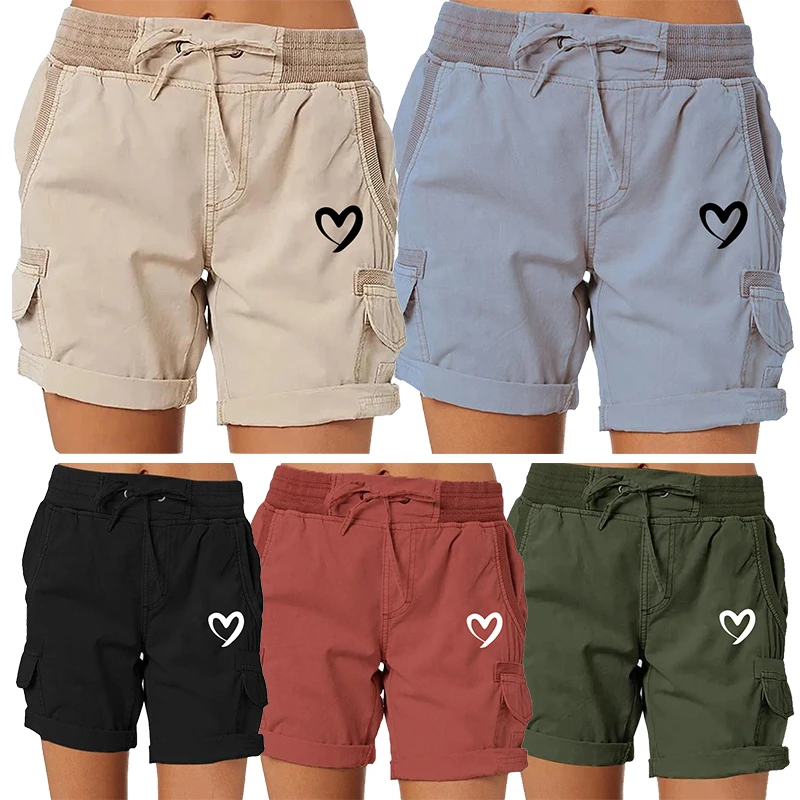 Summer Trending Heart Printed Women Cargo Shorts Casual Jogging Shorts Loose Multi-pocket Work Shorts Plus Size Shorts S-3XL