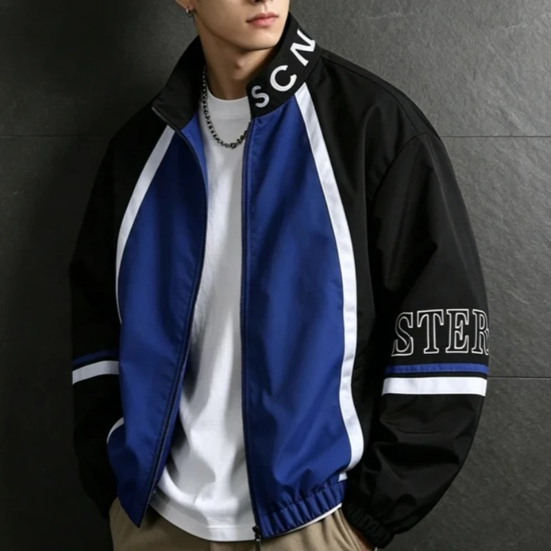 American Letter Patchwork Varsity Jackets Men Stand Collar Workwear Coat Autumn High Street Motorcycle Baseball Outerwear Man