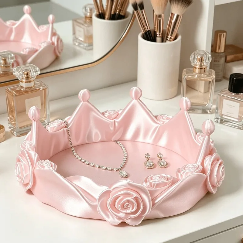 3D Printed Crown Rose Jewelry Organizer, Sweet Makeup Brush Holder Box, Vanity Storage Tray, Desktop Decor Art Ornaments Display