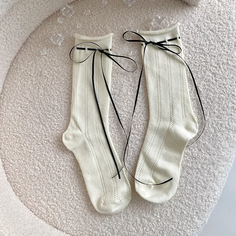 JK Japanese Style Kawaii Socks Ballet Style Ribbon Bowknot Bandage Cute Long Socks Women Lolita Sweet Girls Black White Socks