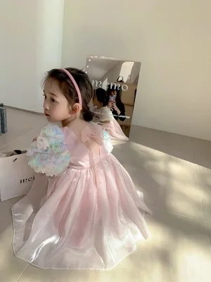 Summer New Korean Children's Wear Children's Girls' Flower Bubble Sleeve Princess Dress Baby Fairy Dress