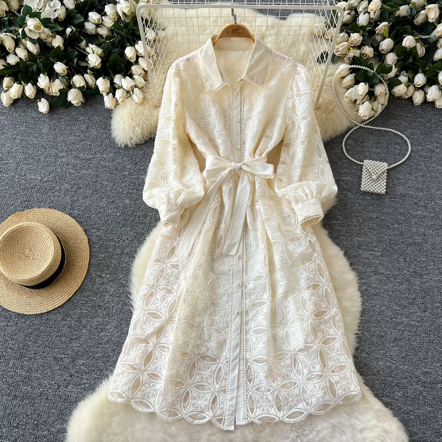 Autumn Winter Lace Embroidery Long Sleeve Midi Dress Shirt Women Single Breasted Pearls Button