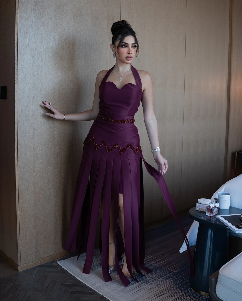 

Customized Sexy Purple Satin Evening Dress Modern Sequined Halter Sleeveless Zipper Back Backless Sweetheart Vestido D