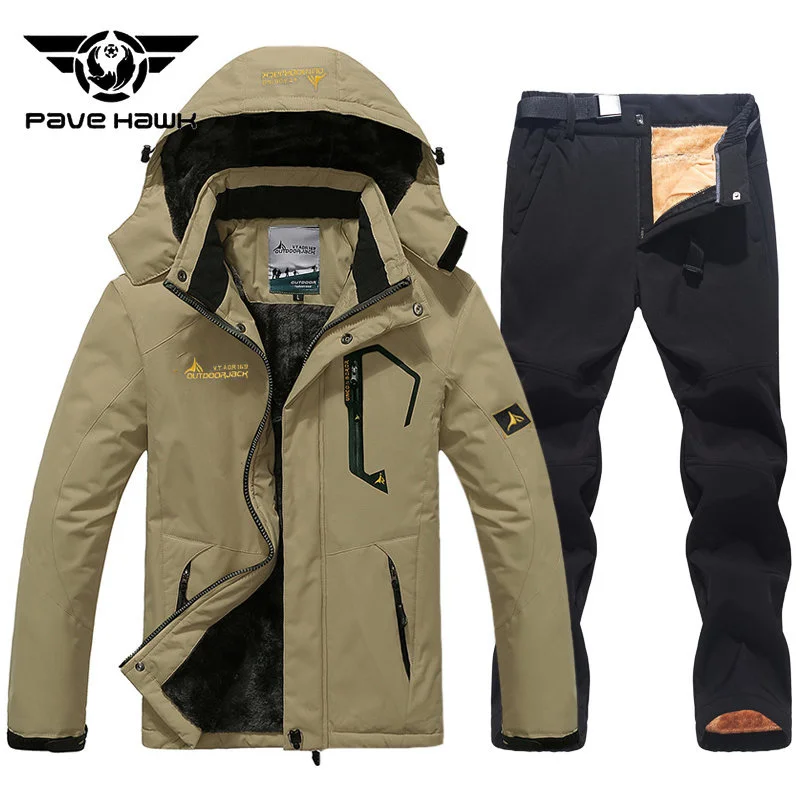 Winter Ski Suit Men Thickening Warm Waterproof Windproof Hooded Jacket Pants Fleece Outdoor Mountain Snowboard wear Set