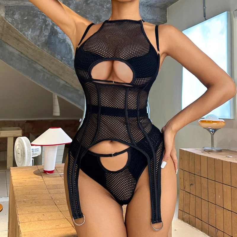 ชุดชั้นในเซ็กซี่แบบตาข่ายโปร่งบาง ชุดชั้นในผู้หญิงสำหรับฤดูร้อน สายคล้องคอแบบบางเฉียบ ชุดชั้นในซีทรู