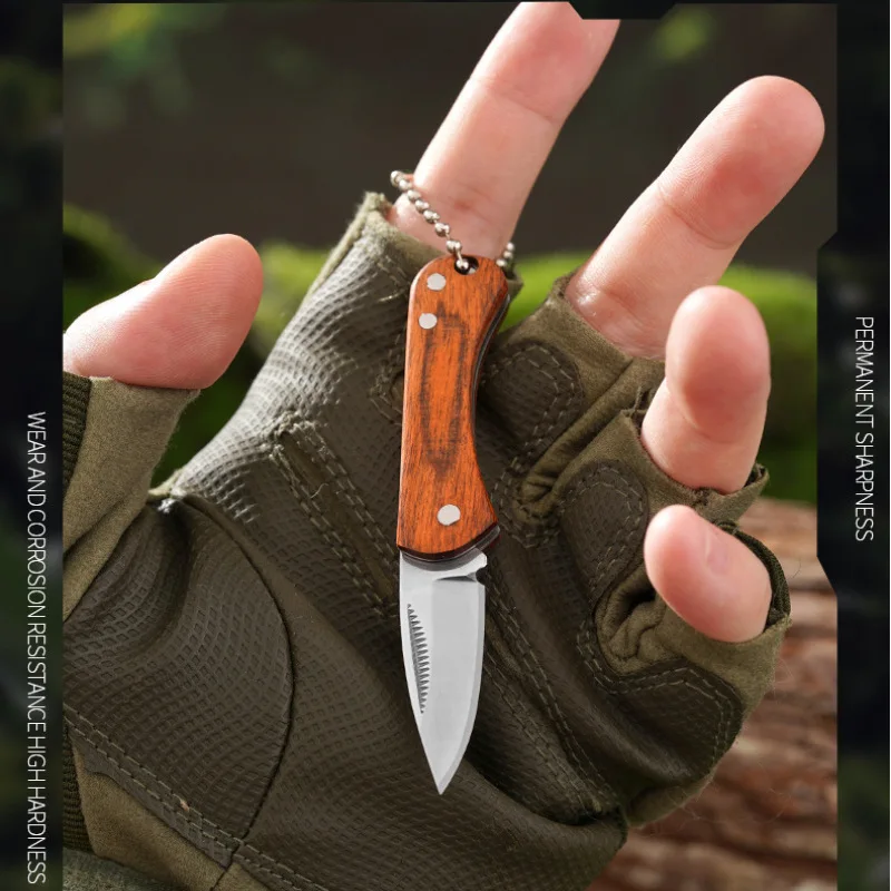 New Wooden handle mini pocket folding knife, portable outdoor edc knife, exquisite and compact self-defense survival knife