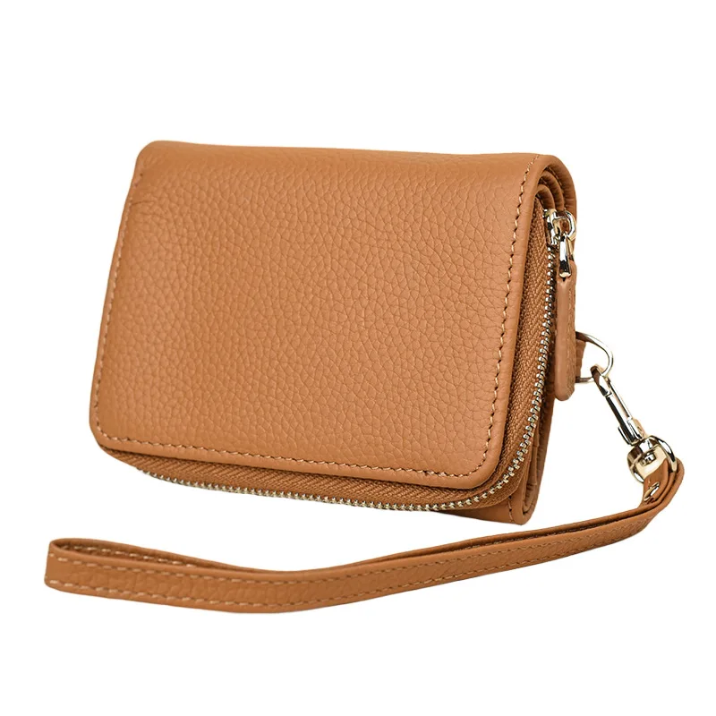 Short Genuine Leather Purse Women 2026 Two-fold Real Cow Leather Wallet Mini Ladies Card Holder Clutch Money Bag with Wristlet
