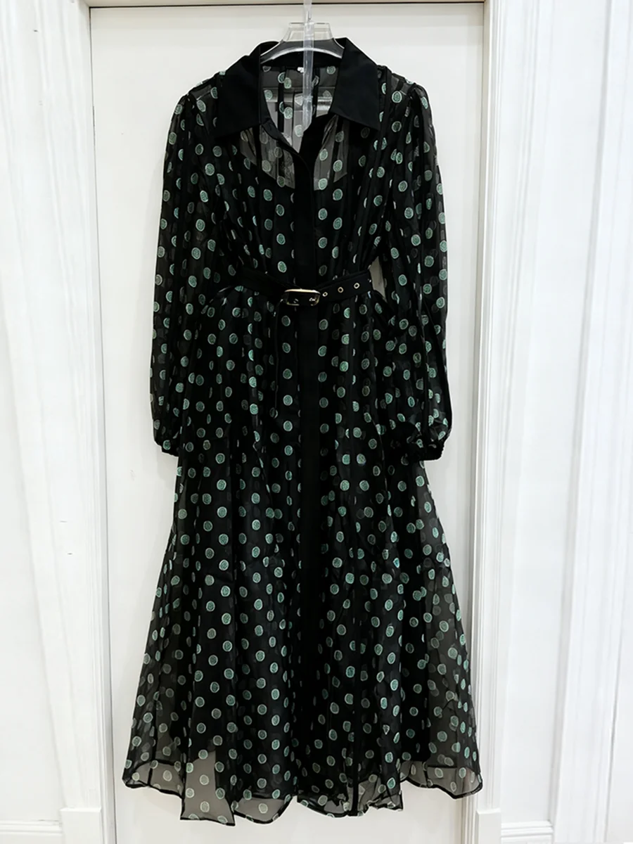 VGH Retro French Floral Dresses for Women Lapel Long Sleeve Patchwork Belt High Waisted Sheer Mesh Dress Female 2026 Spring New