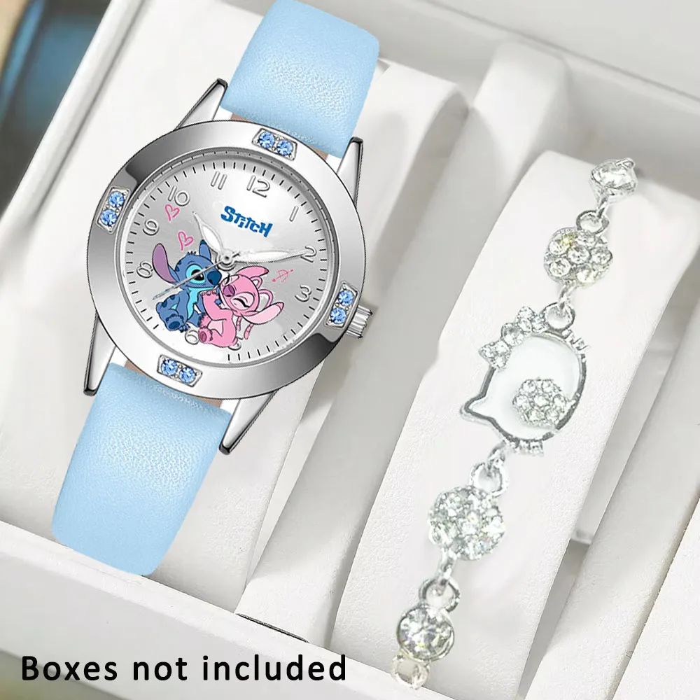 ساعة ديزني ستيتش كارتونية للنساء بحزام فولاذي عالي الجودة من الماس كوارتز ساعة يد للسيدات والفتيات مع سوار هالو كيتي