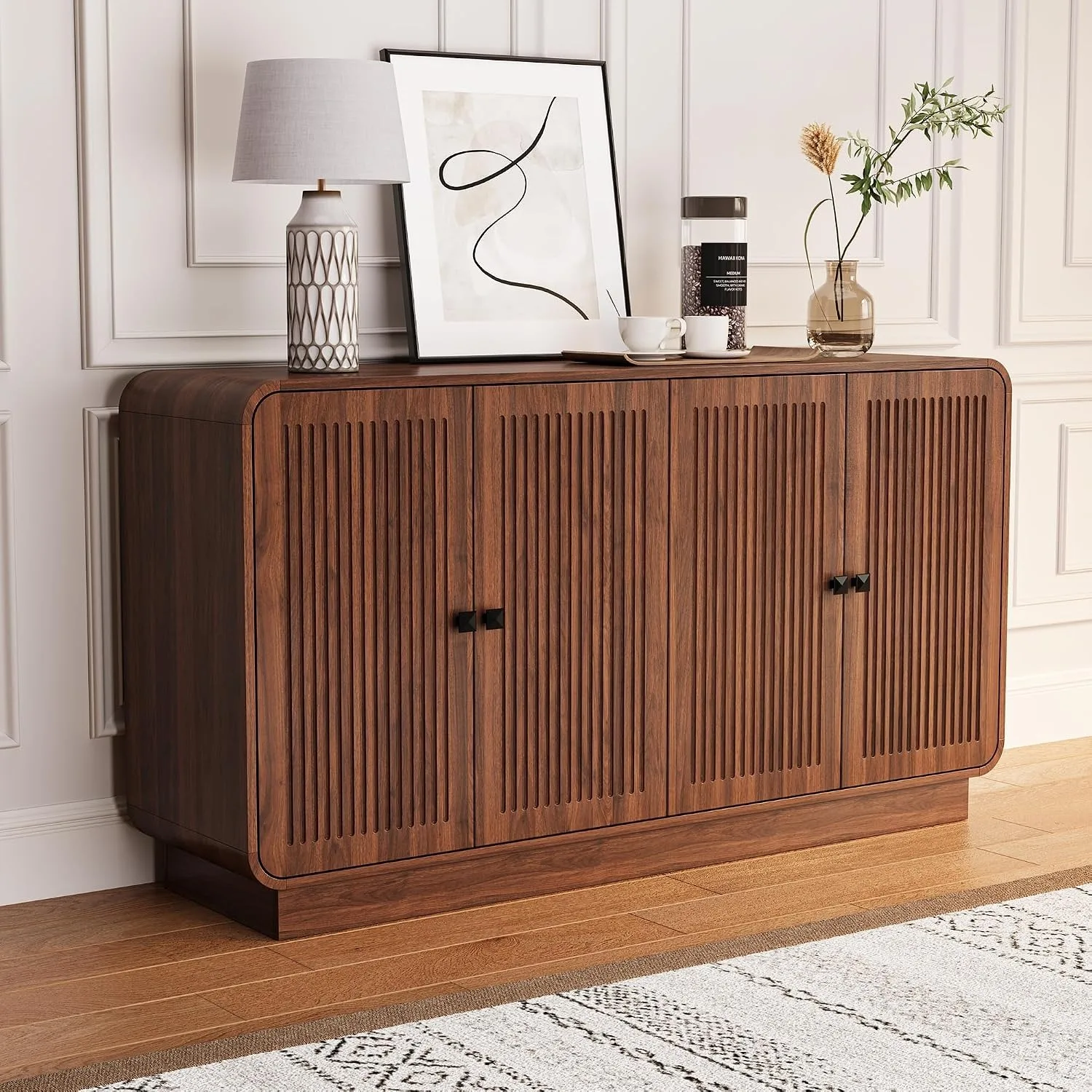 58 Inch Sideboard Buffet Cabinet with Storage, Curved Edges Buffet Storage Cabinet with 4 Fluted Doors, Mid Century Modern Coffee Bar with Adjustable Shelves for Living Room, Kitchen (Walnut)