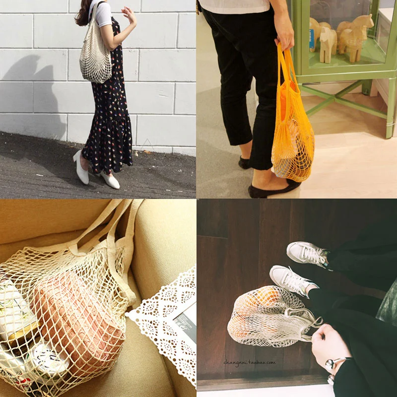 Reusable Grocery Produce Bags Cotton Mesh Ecology Market String Net Tote Bag Kitchen Fruits Vegetables Hanging Home