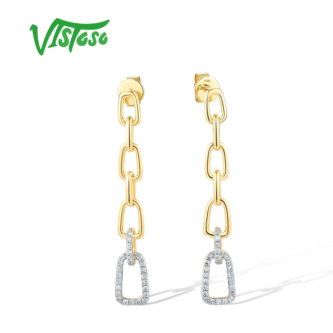 VISTOSO Authentic 14K 585 Yellow Gold Stud Earrings For Women Sparkling Diamond Long Links Wedding Engagement Gifts Fine Jewelry