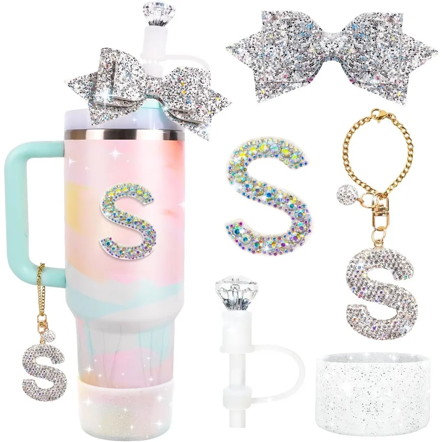 

Набор аксессуаров для бутылок с водой для чашки 3040 унций, подвески с буквами, соломенный топпер с бриллиантами, блестящая силиконовая наклейка для ботинок, соломенный чехол с бантом