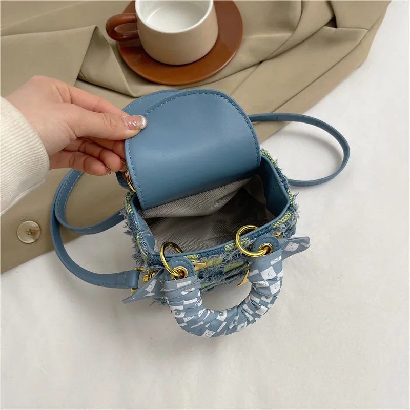 موضة جديدة الدنيم وشاح حريري اللون المتناقضة حقيبة يد صغيرة كتف واحد قطري الصليب حقيبة المرأة #4