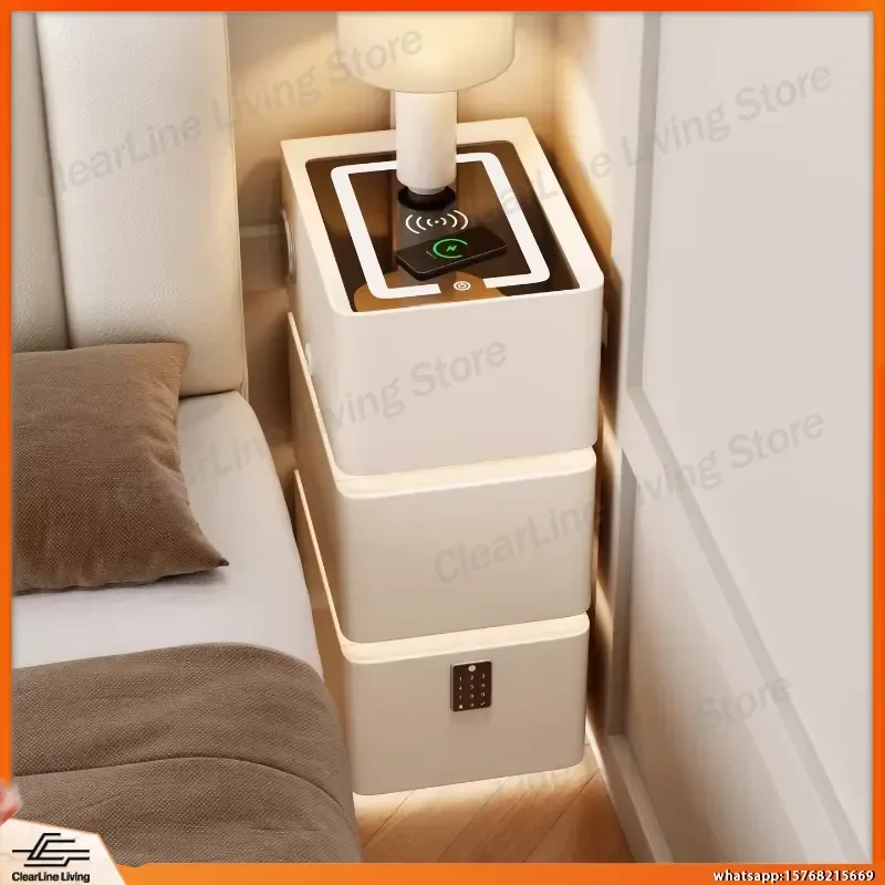 Ultra Narrow Floating Nightstand 3-Tier Solid Wood Bedside Table with LED Light Wireless Charging Pad Bedroom Organizer
