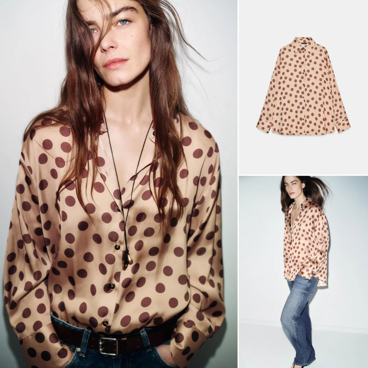 

Ele Polka Dot Silk Satin Long Sve irt Spring New Arrival Women's Faion Slim Fit Breathable Polyester Fiber