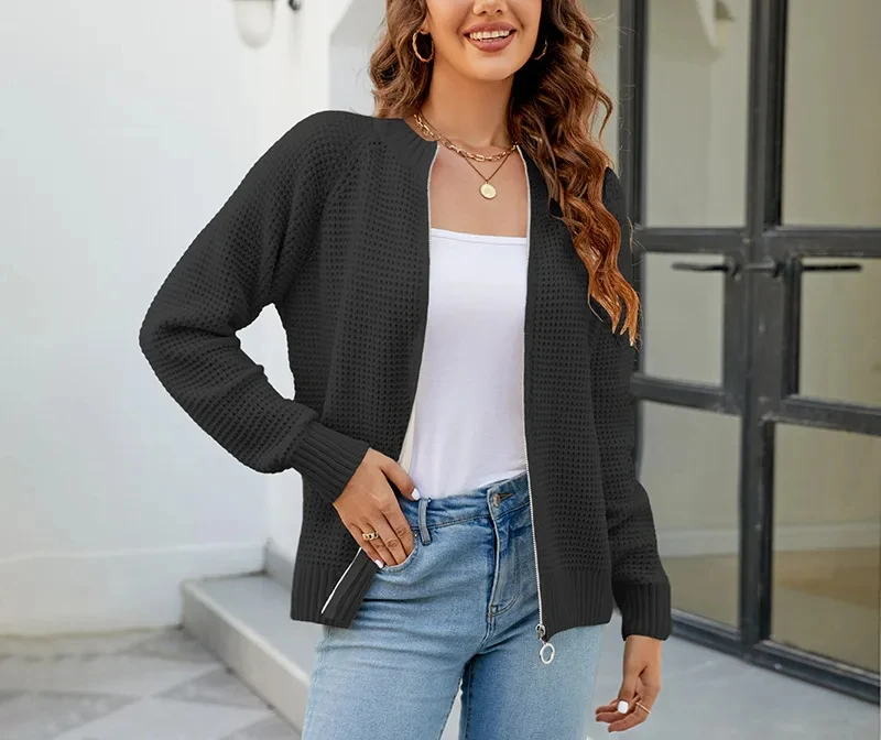 2024 inverno nova camisola cardigan feminino cor sólida zíper em torno do pescoço camisola de malha jaqueta